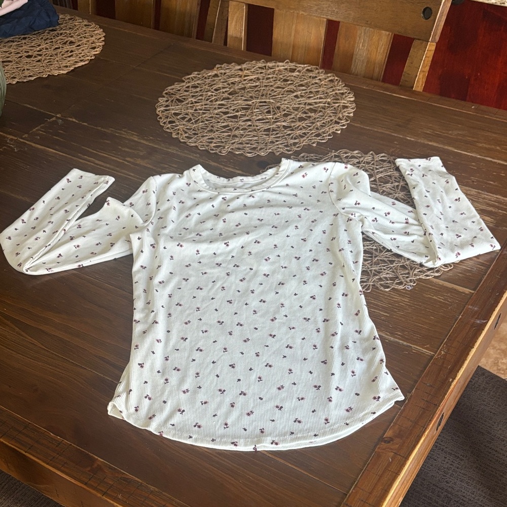 No Boundaries White Long Sleeve Tee with Small Pink Floral Print